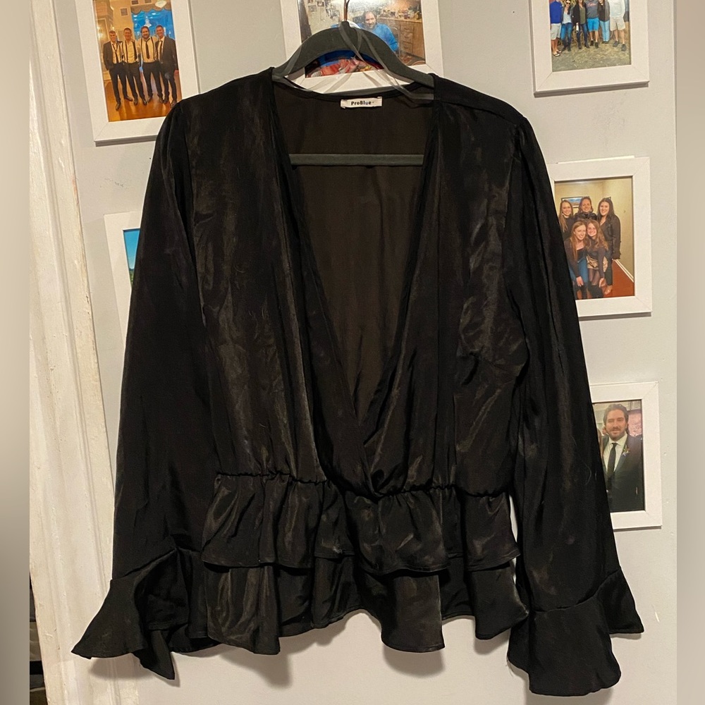 DEEP V SATIN LONG SLEEVE TOP